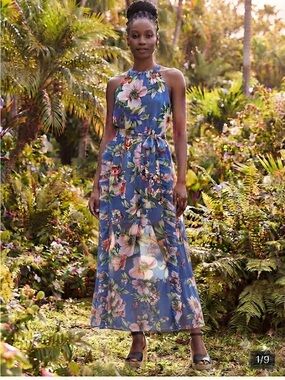 Vince Camuto Blue Floral Ruffle Halter Dress